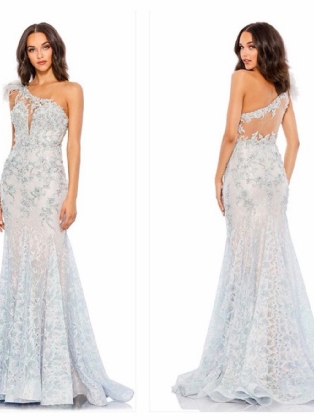 Mac Duggal Light Blue and Silver One-Shoulder Lace Maxi Gown